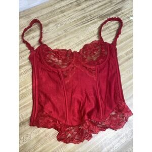 Lady Marlene Red Long Line Bra Corset Size 34 Nylon Satin Lace Straps Come Off